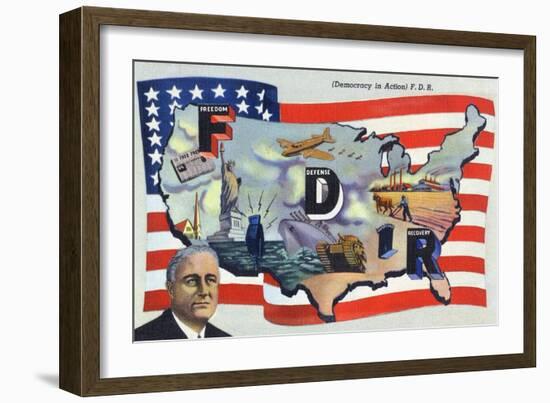 WWII Promotion - Democracy in Action, FDR by US Flag-Lantern Press-Framed Art Print