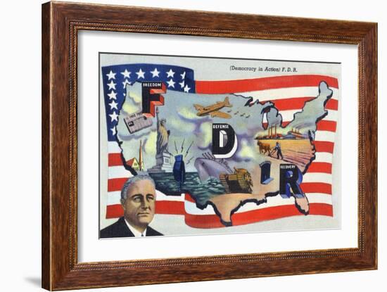WWII Promotion - Democracy in Action, FDR by US Flag-Lantern Press-Framed Art Print