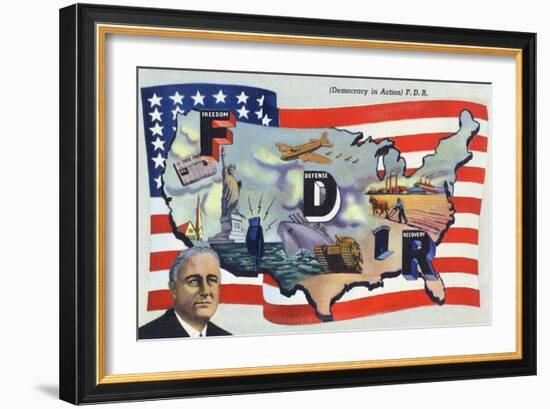 WWII Promotion - Democracy in Action, FDR by US Flag-Lantern Press-Framed Art Print