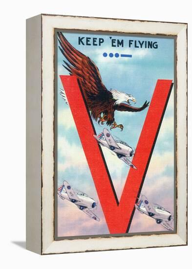 WWII Promotion - Keep 'em Flying, Eagle Flying with Planes-Lantern Press-Framed Stretched Canvas