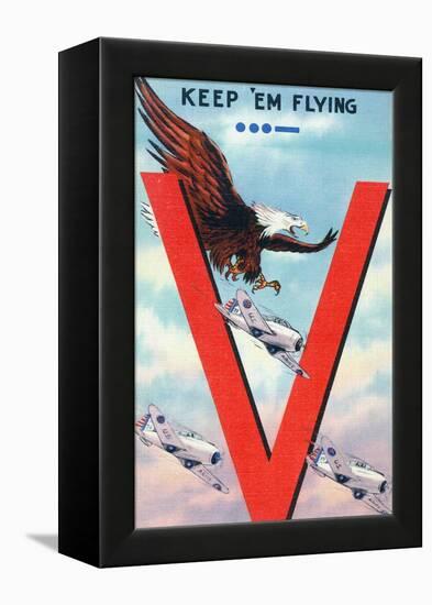 WWII Promotion - Keep 'em Flying, Eagle Flying with Planes-Lantern Press-Framed Stretched Canvas