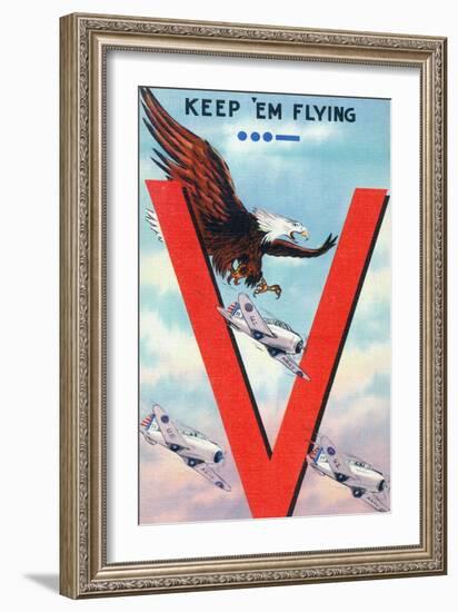 WWII Promotion - Keep 'em Flying, Eagle Flying with Planes-Lantern Press-Framed Art Print