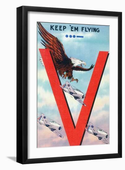 WWII Promotion - Keep 'em Flying, Eagle Flying with Planes-Lantern Press-Framed Art Print