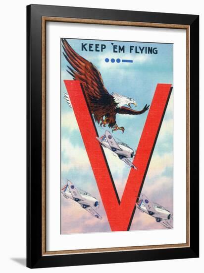 WWII Promotion - Keep 'em Flying, Eagle Flying with Planes-Lantern Press-Framed Art Print