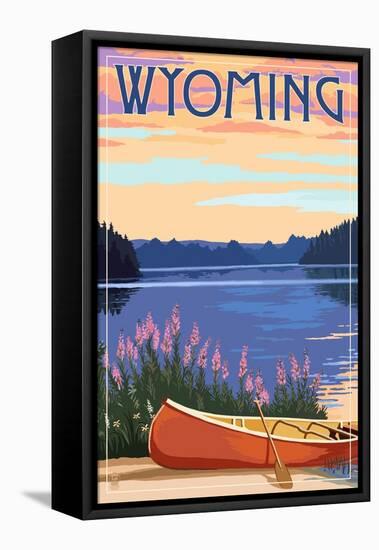 Wyoming - Canoe and Lake-Lantern Press-Framed Stretched Canvas
