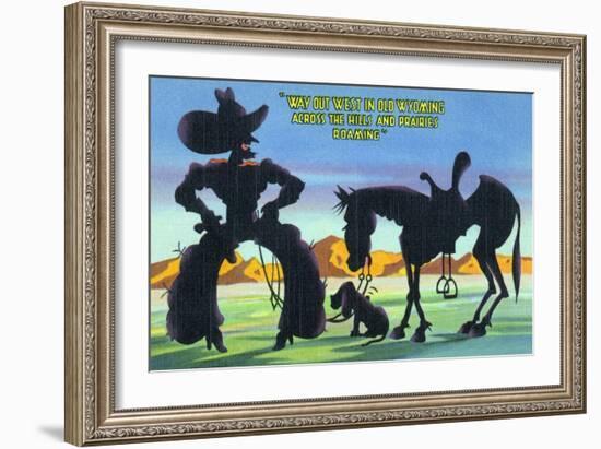 Wyoming - Cowboy with Horse and Dog across Hills and Prairies-Lantern Press-Framed Art Print