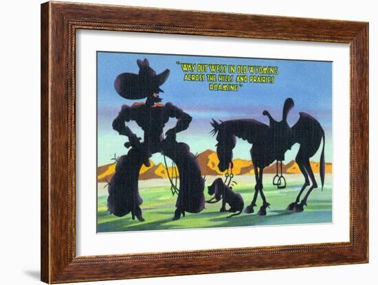 Wyoming - Cowboy with Horse and Dog across Hills and Prairies-Lantern Press-Framed Art Print