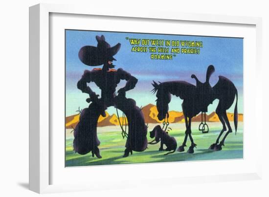 Wyoming - Cowboy with Horse and Dog across Hills and Prairies-Lantern Press-Framed Art Print