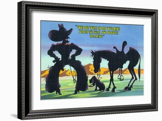 Wyoming - Cowboy with Horse and Dog across Hills and Prairies-Lantern Press-Framed Art Print