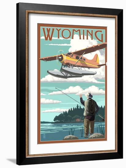 Wyoming - Float Plane and Fisherman-Lantern Press-Framed Art Print