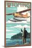 Wyoming - Float Plane and Fisherman-Lantern Press-Mounted Art Print