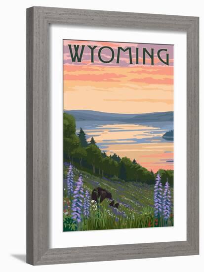 Wyoming - Lake and Bear Family-Lantern Press-Framed Art Print