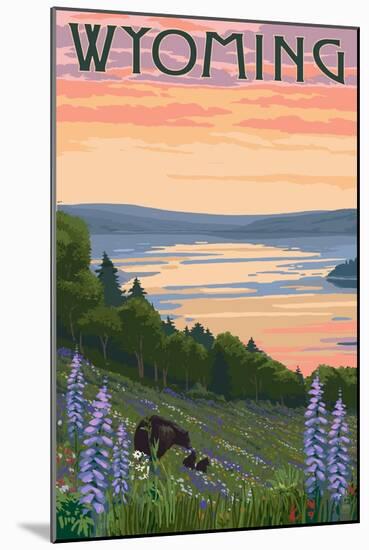 Wyoming - Lake and Bear Family-Lantern Press-Mounted Art Print