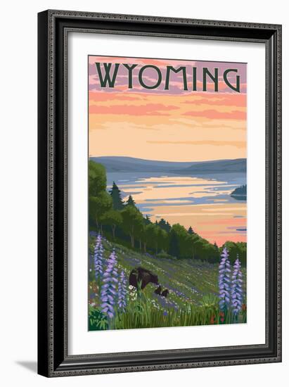 Wyoming - Lake and Bear Family-Lantern Press-Framed Art Print