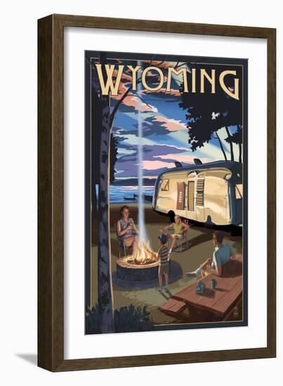 Wyoming - Retro Camper and Lake-Lantern Press-Framed Art Print