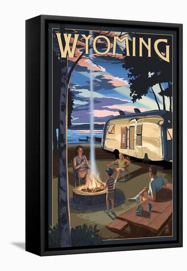 Wyoming - Retro Camper and Lake-Lantern Press-Framed Stretched Canvas