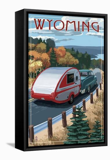 Wyoming - Retro Camper on Road-Lantern Press-Framed Stretched Canvas