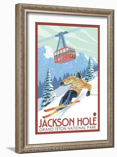 Wyoming Skier and Tram, Jackson Hole-Lantern Press-Framed Art Print