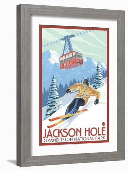 Wyoming Skier and Tram, Jackson Hole-Lantern Press-Framed Art Print