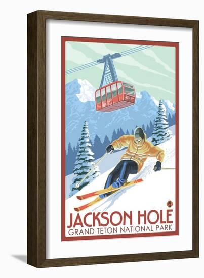 Wyoming Skier and Tram, Jackson Hole-Lantern Press-Framed Art Print