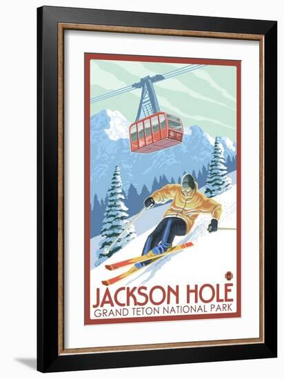 Wyoming Skier and Tram, Jackson Hole-Lantern Press-Framed Art Print