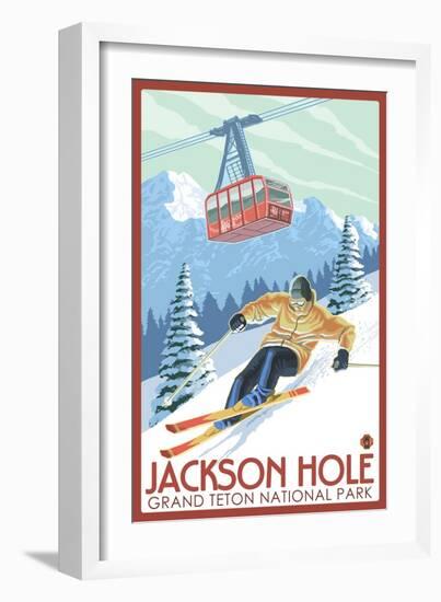 Wyoming Skier and Tram, Jackson Hole-Lantern Press-Framed Art Print