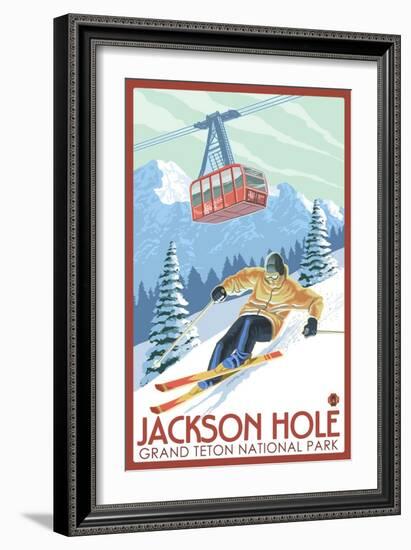 Wyoming Skier and Tram, Jackson Hole-Lantern Press-Framed Art Print