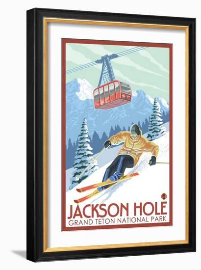 Wyoming Skier and Tram, Jackson Hole-Lantern Press-Framed Art Print