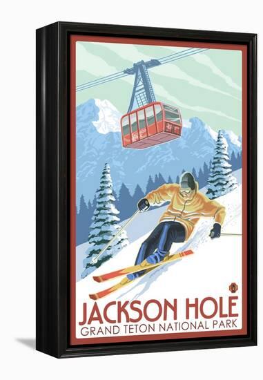 Wyoming Skier and Tram, Jackson Hole-Lantern Press-Framed Stretched Canvas