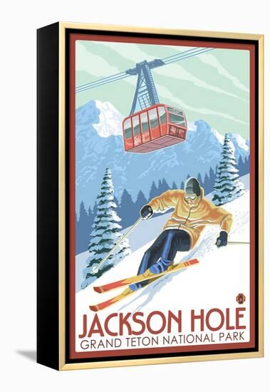Wyoming Skier and Tram, Jackson Hole-Lantern Press-Framed Stretched Canvas