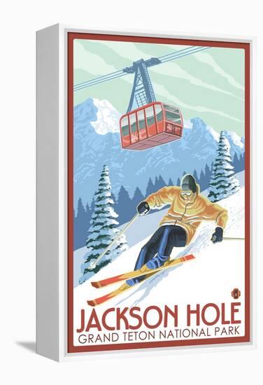 Wyoming Skier and Tram, Jackson Hole-Lantern Press-Framed Stretched Canvas