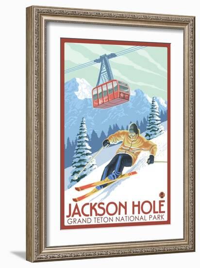 Wyoming Skier and Tram, Jackson Hole-Lantern Press-Framed Premium Giclee Print