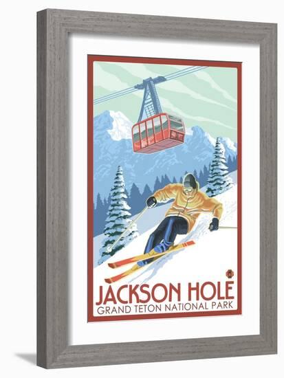 Wyoming Skier and Tram, Jackson Hole-Lantern Press-Framed Premium Giclee Print