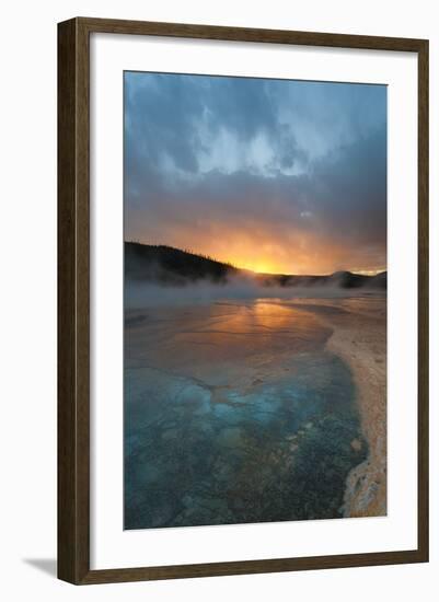 Wyoming, Yellowstone National Park. Sunset with Clouds and Steam over Grand Prismatic Spring-Judith Zimmerman-Framed Photographic Print