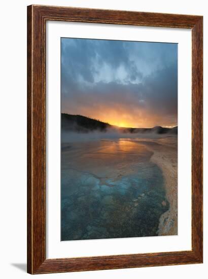 Wyoming, Yellowstone National Park. Sunset with Clouds and Steam over Grand Prismatic Spring-Judith Zimmerman-Framed Photographic Print