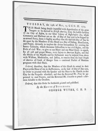 Wythe: Broadside, 1774-George Wythe-Mounted Giclee Print