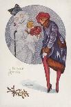 New Year's Card with a Girl and a Snowman (Colour Litho)-Xavier Sager-Giclee Print