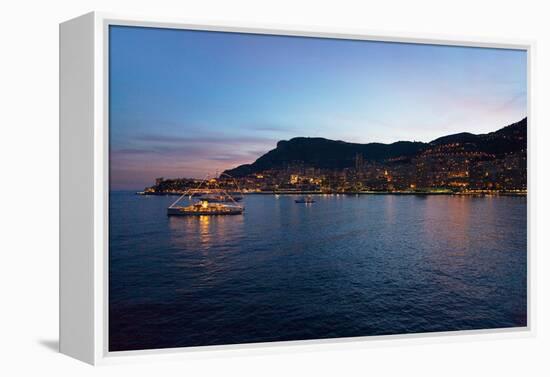 Yacht and seaside night view of Monte-Carlo with lights at dusk, in the Principality of Monaco,...-null-Framed Premier Image Canvas