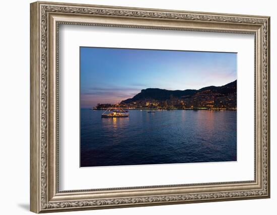 Yacht and seaside night view of Monte-Carlo with lights at dusk, in the Principality of Monaco,...-null-Framed Photographic Print