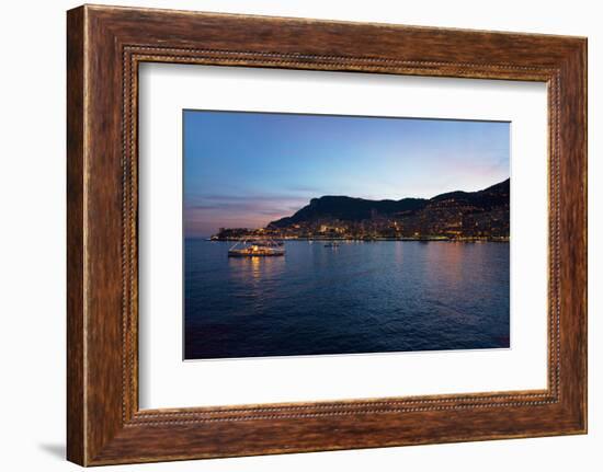 Yacht and seaside night view of Monte-Carlo with lights at dusk, in the Principality of Monaco,...-null-Framed Photographic Print