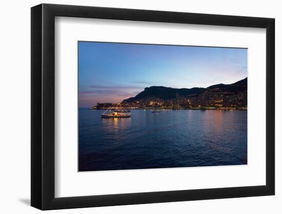 Yacht and seaside night view of Monte-Carlo with lights at dusk, in the Principality of Monaco,...-null-Framed Photographic Print