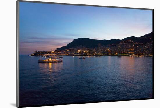 Yacht and seaside night view of Monte-Carlo with lights at dusk, in the Principality of Monaco,...-null-Mounted Photographic Print