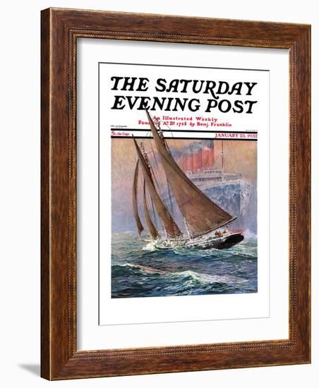 "Yacht and Steamship," Saturday Evening Post Cover, January 23, 1932-Anton Otto Fischer-Framed Giclee Print