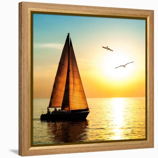 Yacht Sailing against Sunset. Holiday Lifestyle Landscape with Skyline Sailboat and Two Seagull. Ya-Repina Valeriya-Framed Stretched Canvas