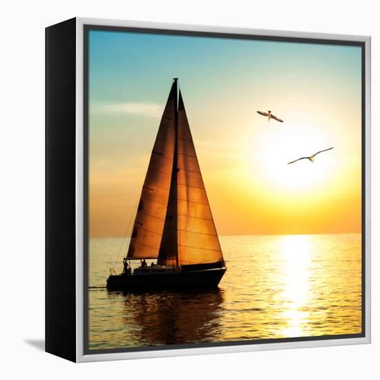 Yacht Sailing against Sunset. Holiday Lifestyle Landscape with Skyline Sailboat and Two Seagull. Ya-Repina Valeriya-Framed Stretched Canvas