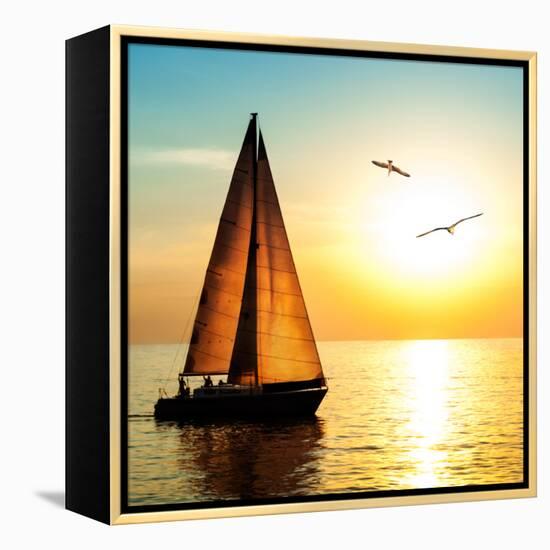 Yacht Sailing against Sunset. Holiday Lifestyle Landscape with Skyline Sailboat and Two Seagull. Ya-Repina Valeriya-Framed Stretched Canvas