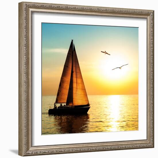 Yacht Sailing against Sunset. Holiday Lifestyle Landscape with Skyline Sailboat and Two Seagull. Ya-Repina Valeriya-Framed Photographic Print