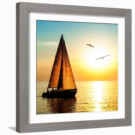 Yacht Sailing against Sunset. Holiday Lifestyle Landscape with Skyline Sailboat and Two Seagull. Ya-Repina Valeriya-Framed Photographic Print