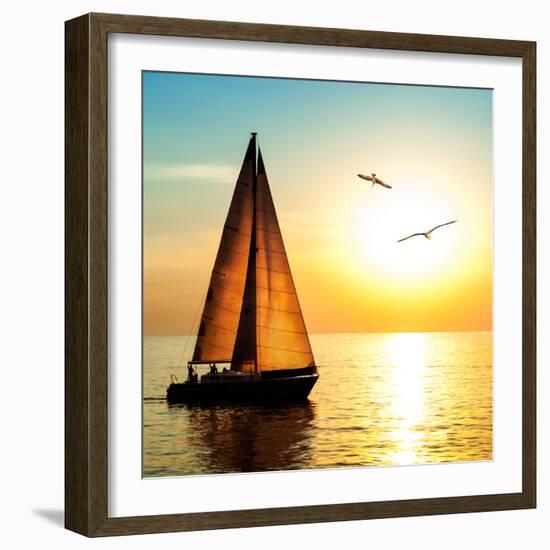 Yacht Sailing against Sunset. Holiday Lifestyle Landscape with Skyline Sailboat and Two Seagull. Ya-Repina Valeriya-Framed Photographic Print