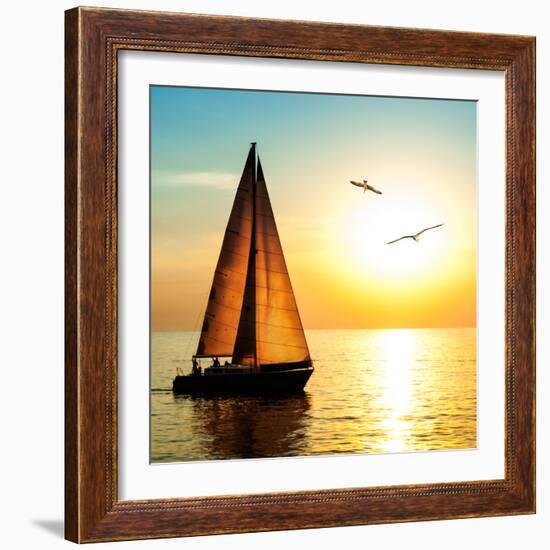 Yacht Sailing against Sunset. Holiday Lifestyle Landscape with Skyline Sailboat and Two Seagull. Ya-Repina Valeriya-Framed Photographic Print